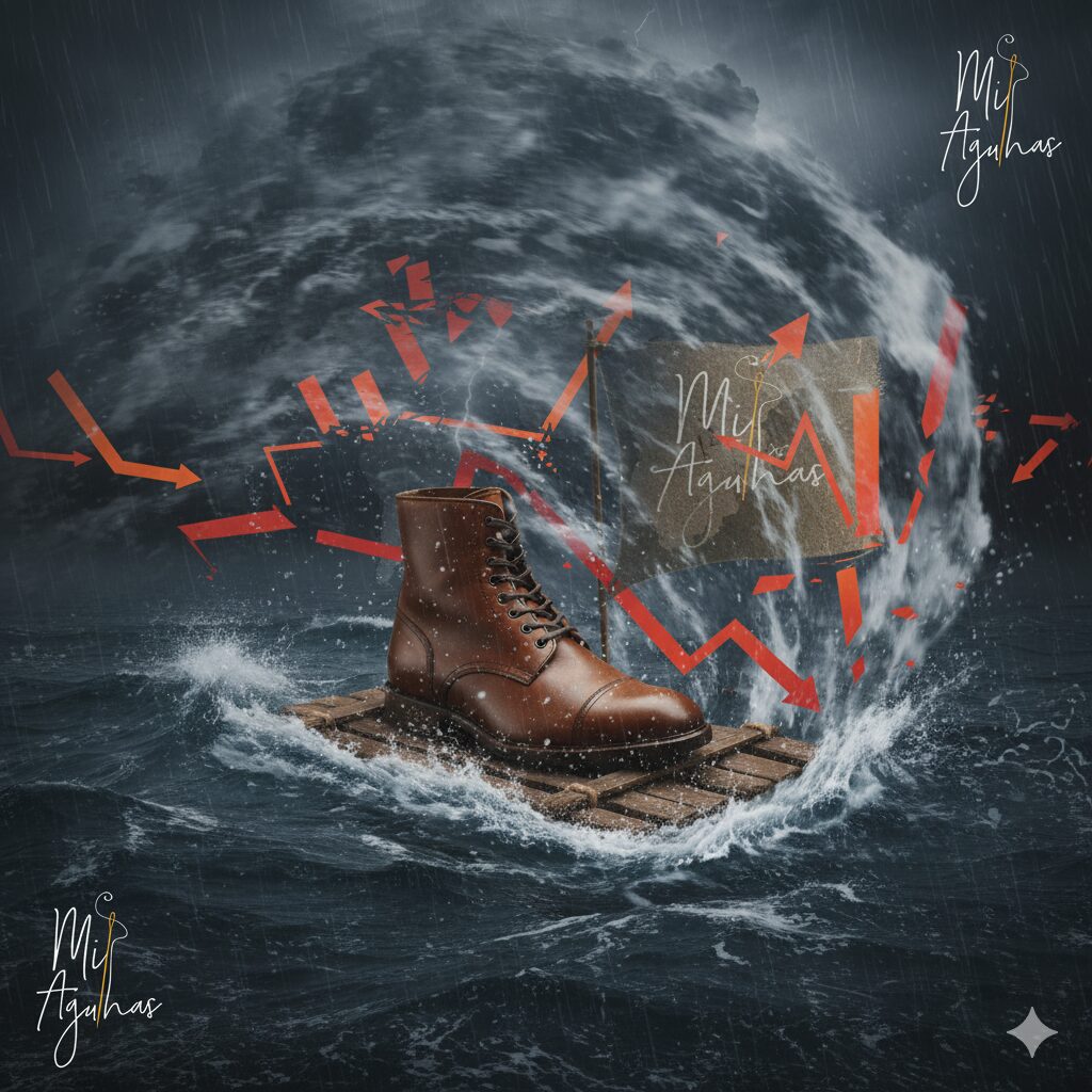 Uma única bota de couro marrom numa pequena jangada de madeira, enfrentando um mar tempestuoso. Um vórtice de água e vento rodeia a jangada, atravessado por setas vermelhas que apontam para baixo, indicando declínio. A vela da jangada tem o logo 'Mis Agulhas'.