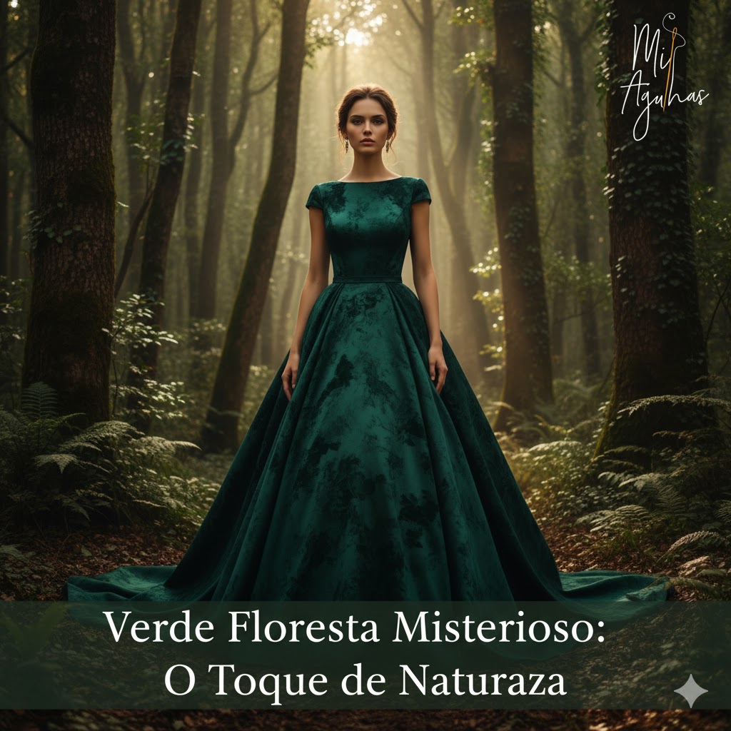 Uma mulher elegante veste um longo vestido de gala em veludo verde floresta escuro, com mangas curtas e uma saia volumosa, posando no meio de uma floresta misteriosa e iluminada por luz solar. O logótipo "Mil Agulhas" e o texto "Verde Floresta Misterioso: O Toque de Natureza" estão sobrepostos na imagem.