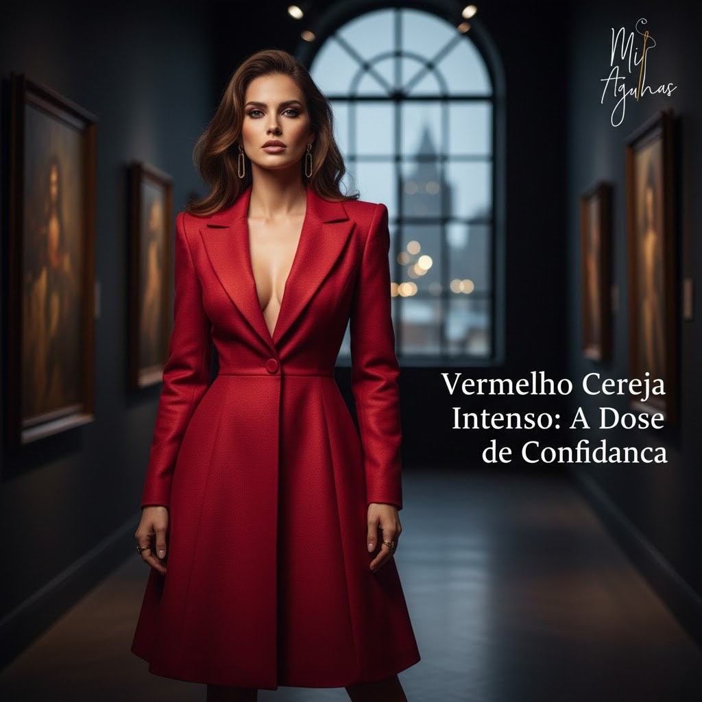 Uma mulher elegante com um casaco/vestido formal em vermelho cereja intenso, com um decote em V profundo e silhueta cintada, posa com confiança. O cenário é uma galeria de arte ou um interior sofisticado. O logótipo "Mil Agulhas" está no canto superior direito e o texto "Vermelho Cereja Intenso: A Dose de Confiança" está sobreposto na imagem.