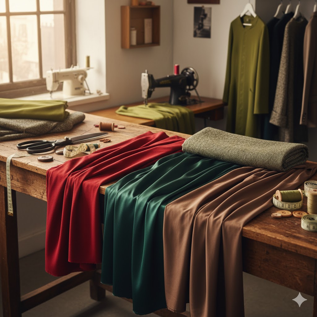 Tecidos de lã e cetim nas cores da estação outono/inverno, como vermelho cereja intenso, verde floresta misterioso e castanho chocolate profundo, dispostos na bancada de madeira rústica do Ateliê Mil Agulhas, com tesouras, fita métrica e carretéis de linha visíveis.