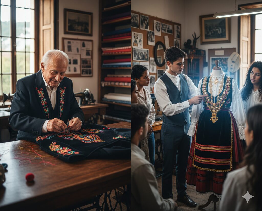 Uma imagem dividida. À esquerda, um alfaiate idoso borda um traje tradicional com motivos florais coloridos em um ateliê. À direita, um grupo de jovens aprendizes observa atentamente um mestre alfaiate explicando os detalhes de um traje tradicional minhoto ricamente adornado em um manequim. O título "Porquê Este Traje é Tão Importante? A Visão do Ateliê" está no topo.
