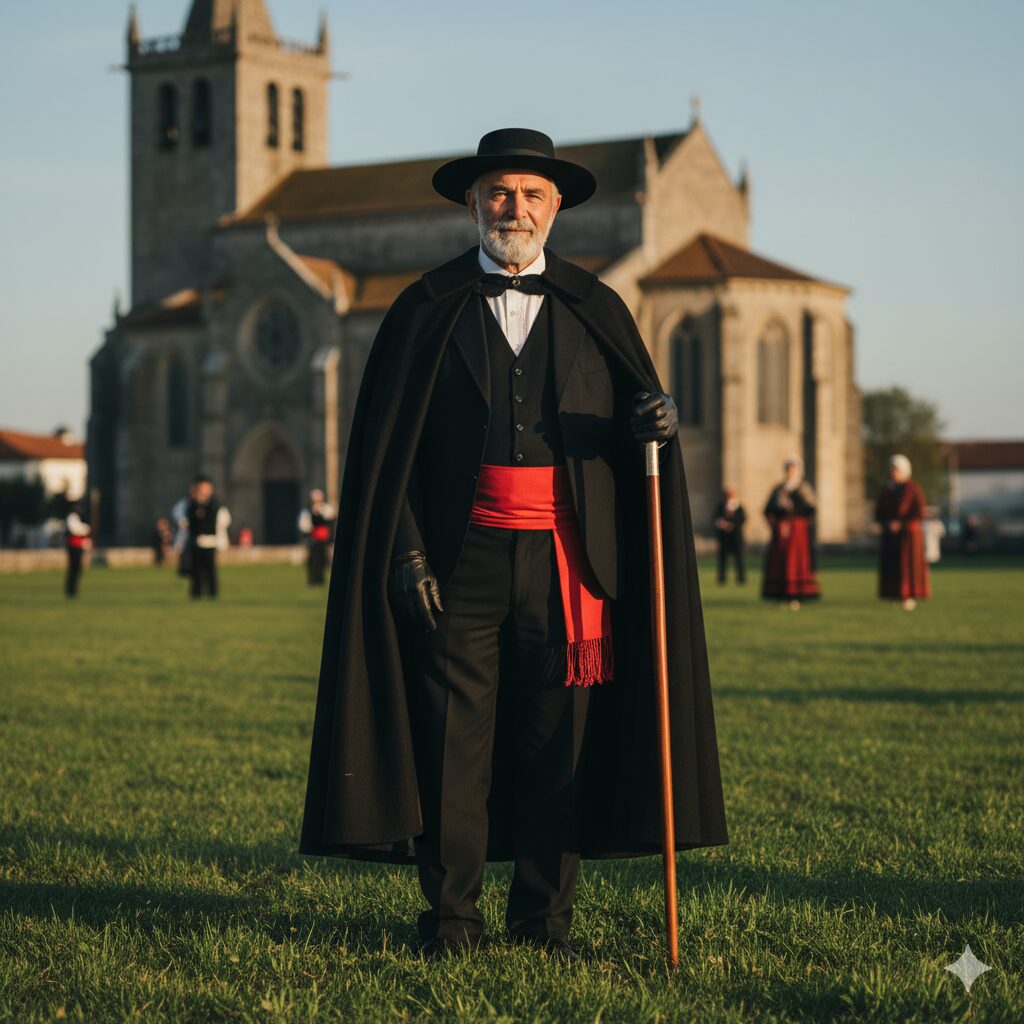 Um homem de meia-idade, com bigode e expressão séria, vestindo um traje tradicional minhoto: chapéu preto, camisa branca, colete escuro, faixa vermelha na cintura e uma longa capa preta sobre os ombros. Ele posa em um campo verde ao entardecer, com uma paisagem rural desfocada ao fundo.