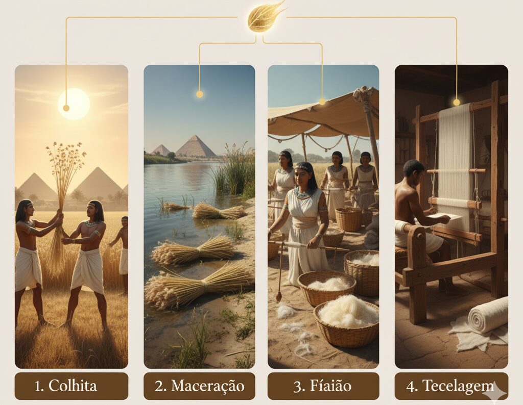 Um infográfico dividido em quatro painéis que ilustram o processo de fabricação do linho. 1. Colheita: Trabalhadores egípcios antigos colhendo linho sob o sol. 2. Maceração: Feixes de linho às margens do rio Nilo com as pirâmides ao fundo. 3. Fiação: Mulheres egípcias fiando as fibras de linho. 4. Tecelagem: Um homem egípcio tecendo linho em um tear. O título "O Processo de Fabricação: A Mágica do Nilo" está no topo.