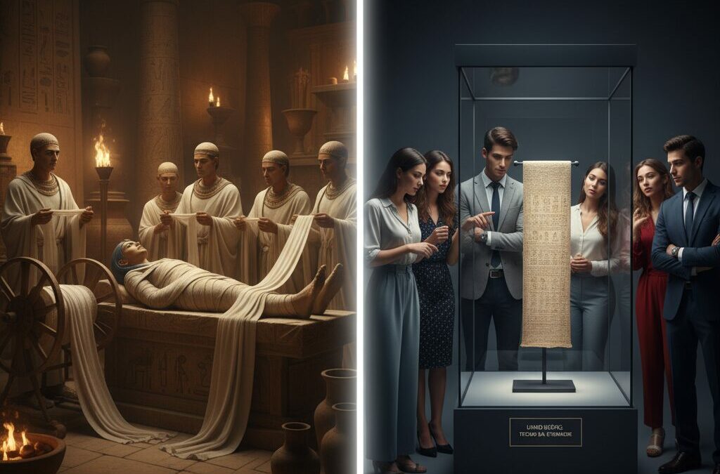Uma imagem dividida. À esquerda, uma cena no Egito Antigo, com sacerdotes em vestes brancas mumificando uma figura em uma câmara funerária iluminada por tochas. À direita, um grupo de pessoas modernas observa um pedaço de linho egípcio exibido em uma vitrine de vidro iluminada em um museu escuro. O título "A História: O Tecido da Imortalidade" está no topo.