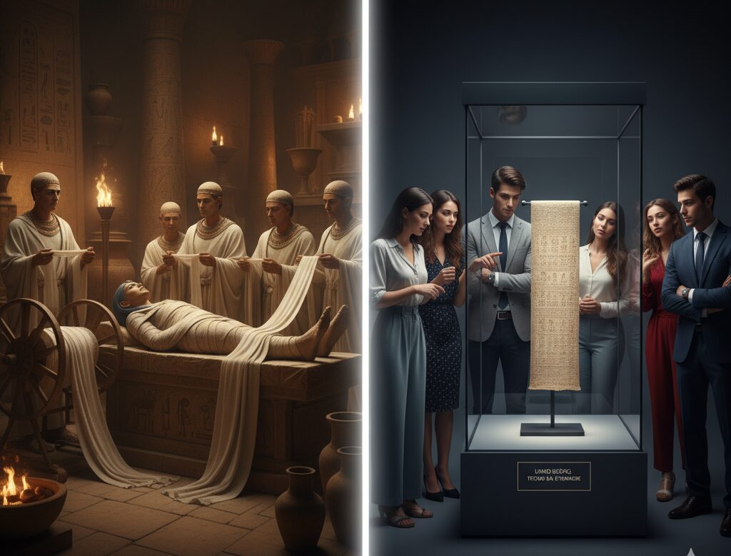 Uma imagem dividida. À esquerda, uma cena no Egito Antigo, com sacerdotes em vestes brancas mumificando uma figura em uma câmara funerária iluminada por tochas. À direita, um grupo de pessoas modernas observa um pedaço de linho egípcio exibido em uma vitrine de vidro iluminada em um museu escuro. O título "A História: O Tecido da Imortalidade" está no topo.