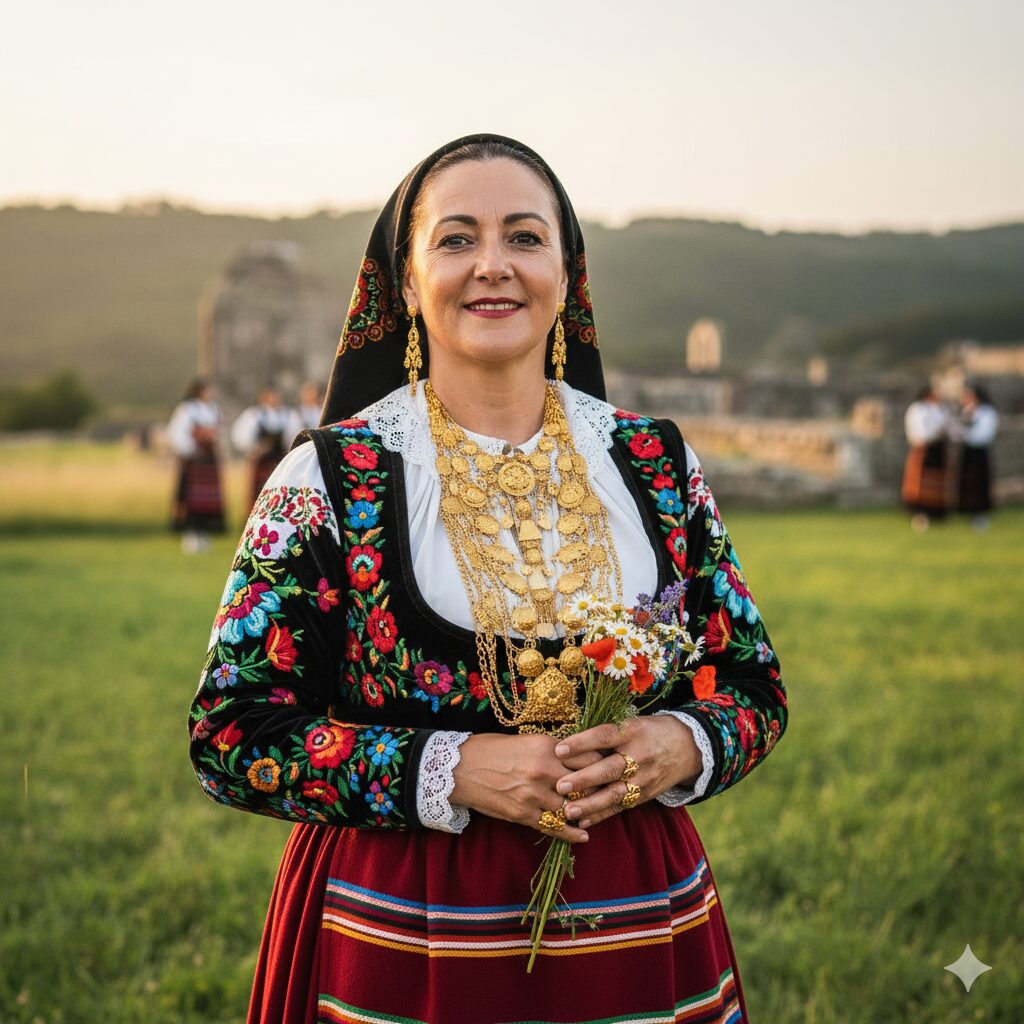 Uma mulher sorridente de meia-idade, vestindo um traje tradicional minhoto ricamente bordado, com um lenço preto na cabeça, uma blusa branca de renda e saia vermelha. Ela exibe numerosas joias de filigrana dourada e segura um buquê de flores silvestres em um campo verde, com ruínas antigas e outras figuras em trajes tradicionais ao fundo.
