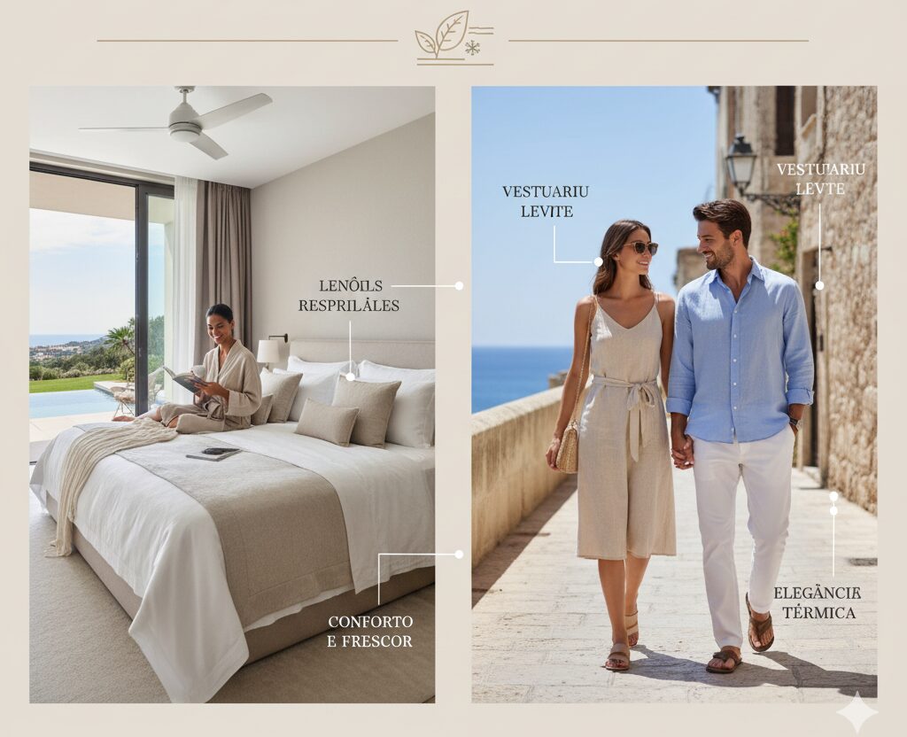 Um infográfico dividido em duas seções que mostram o uso moderno do linho. À esquerda, uma mulher em um quarto de hotel luxuoso desfruta de lençóis de linho que proporcionam conforto e frescor. À direita, um casal caminha de mãos dadas em um destino ensolarado, ambos usando roupas de linho leves e elegantes. O título "Para Que é Usado Hoje? O Luxo do 'Ar Condicionado' Natural" está no topo.