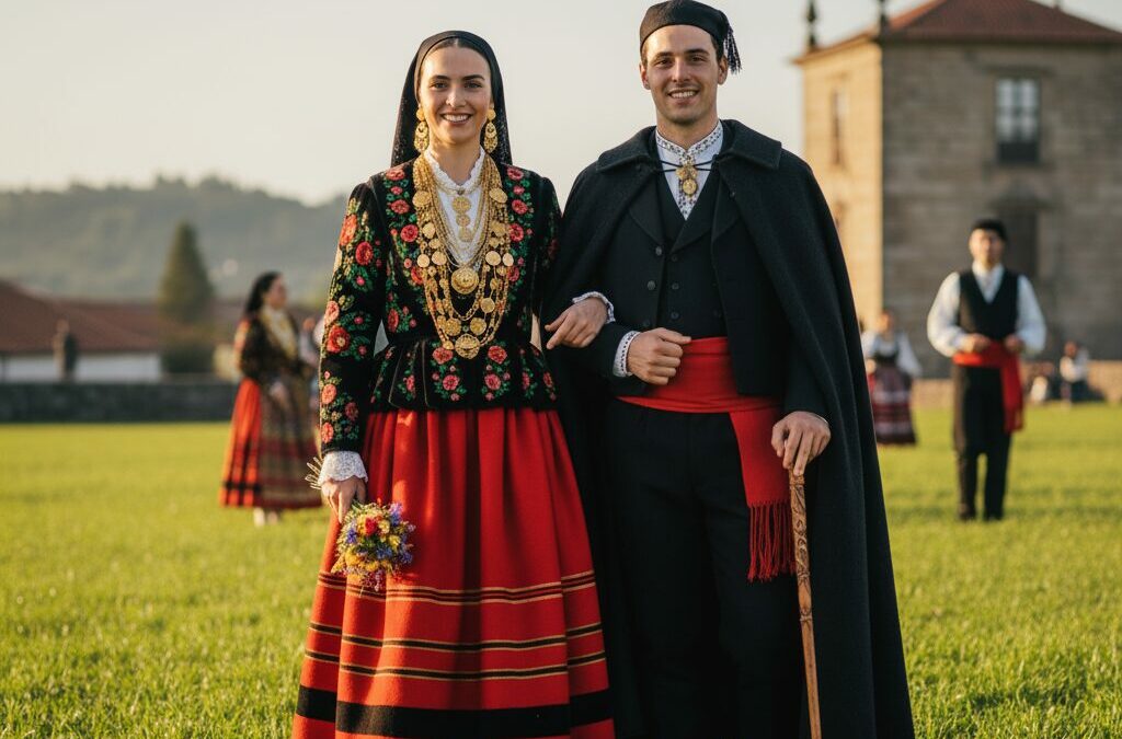 Um casal sorridente em trajes tradicionais do Minho posa em um campo verde. A mulher usa um vestido ricamente bordado, lenço preto e joias de filigrana dourada, segurando flores. O homem veste um terno escuro, colete, capa preta, faixa vermelha, chapéu preto e segura um cajado. Ao fundo, outras pessoas em trajes tradicionais e um edifício histórico.