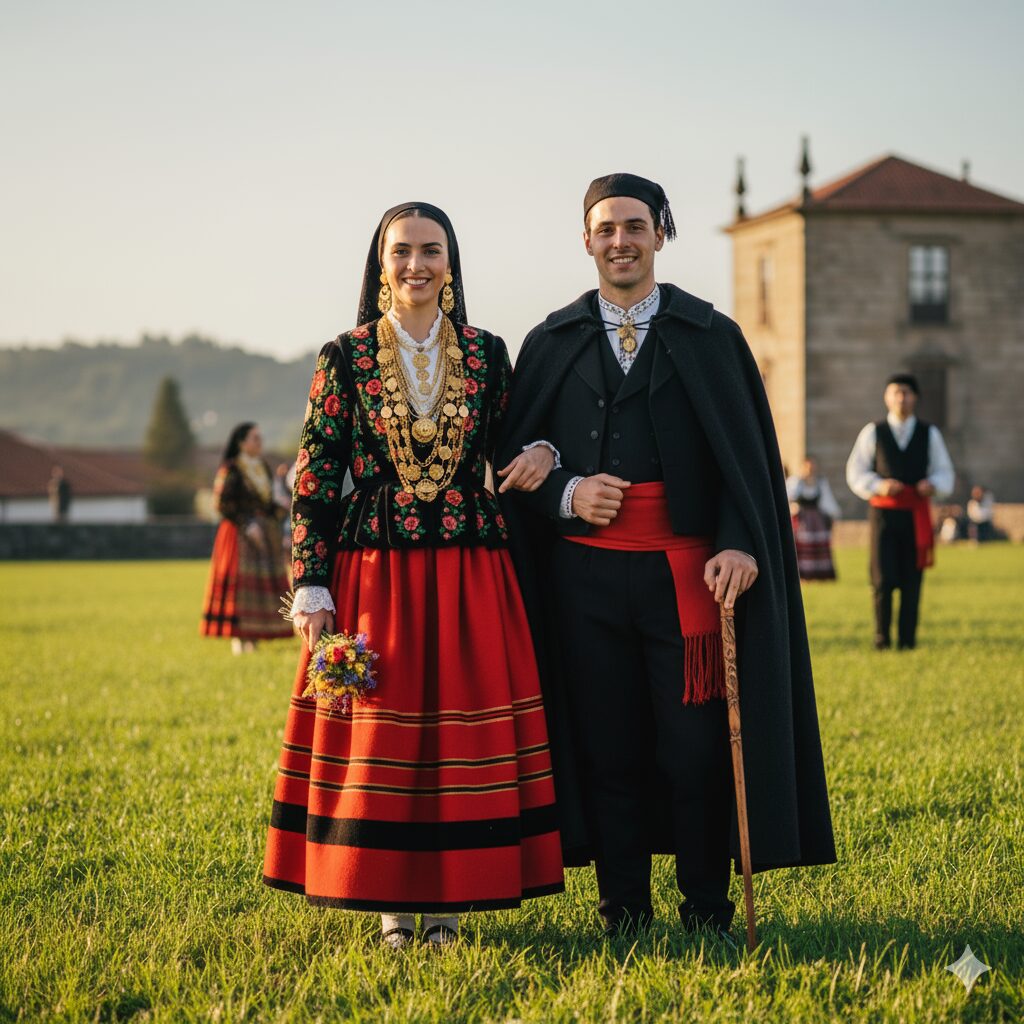 Um casal sorridente em trajes tradicionais do Minho posa em um campo verde. A mulher usa um vestido ricamente bordado, lenço preto e joias de filigrana dourada, segurando flores. O homem veste um terno escuro, colete, capa preta, faixa vermelha, chapéu preto e segura um cajado. Ao fundo, outras pessoas em trajes tradicionais e um edifício histórico.
