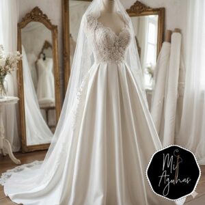 Fotografia de destaque do Vestido de Noiva do Ateliê Mil Agulhas, apresentando a frente do vestido em cetim com corpo em renda floral e o logótipo da marca no canto.