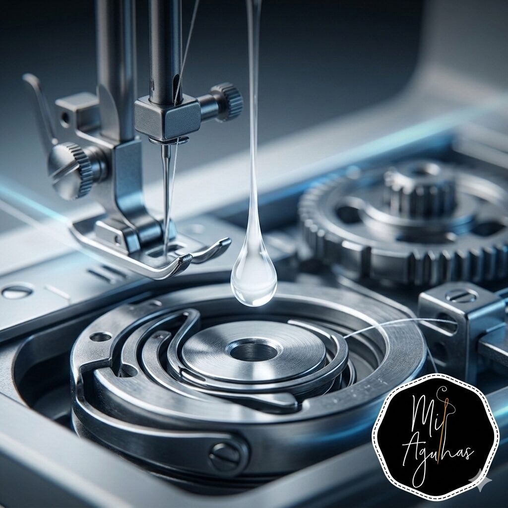 Pormenor macro de uma gota de óleo mineral límpido a cair sobre a lançadeira metálica de uma máquina de costura, com o logótipo do Ateliê Mil Agulhas no canto.