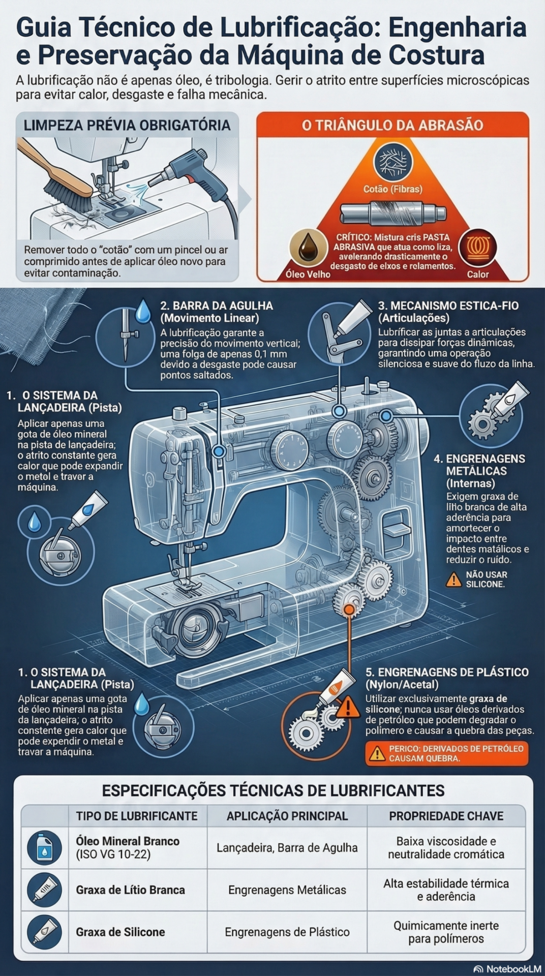 Infográfico técnico detalhando os pontos críticos de manutenção de uma máquina de costura, exibindo a barra da agulha, o sistema da lançadeira e engrenagens internas, com destaque para a aplicação de lubrificantes especializados e a remoção de resíduos.