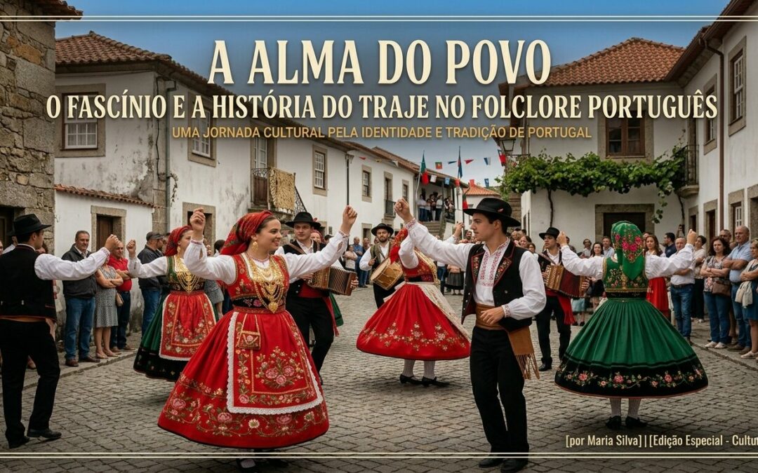 Fotografia em formato horizontal de um grupo folclórico português a dançar numa praça histórica. Em destaque, uma mulher com o traje de festa vermelho do Minho e um homem com colete e chapéu preto. Ao fundo, casas tradicionais de pedra, espectadores e o título do artigo "A Alma do Povo".