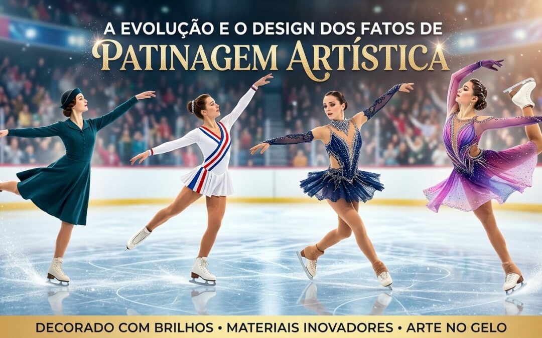 Uma imagem horizontal (16:9) que ilustra a evolução dos trajes de patinação artística ao longo de diferentes décadas. Quatro patinadoras são mostradas em poses graciosas sobre o gelo, com trajes que variam de um vestido modesto dos anos 30 a criações modernas e brilhantes com cristais. O título "A EVOLUÇÃO E O DESIGN DOS FATOS DE PATINAGEM ARTÍSTICA" está no topo, e uma barra inferior destaca as características dos trajes.
