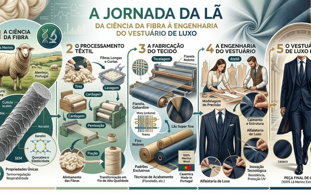 Infografia detalhada sobre a jornada técnica da lã, que ilustra o processo desde a biologia da fibra de queratina e a tosquia, passando pela purificação industrial (scouring e carbonização) e os sistemas de fiação cardada e penteada, até aos acabamentos têxteis de luxo e à sua natureza sustentável e 100% biodegradável.