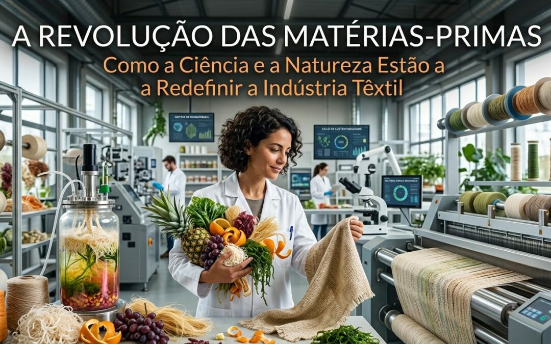 Amostras de tecidos inovadores e sustentáveis criados a partir de fibras vegetais e biotecnologia, simbolizando a economia circular na indústria têxtil.