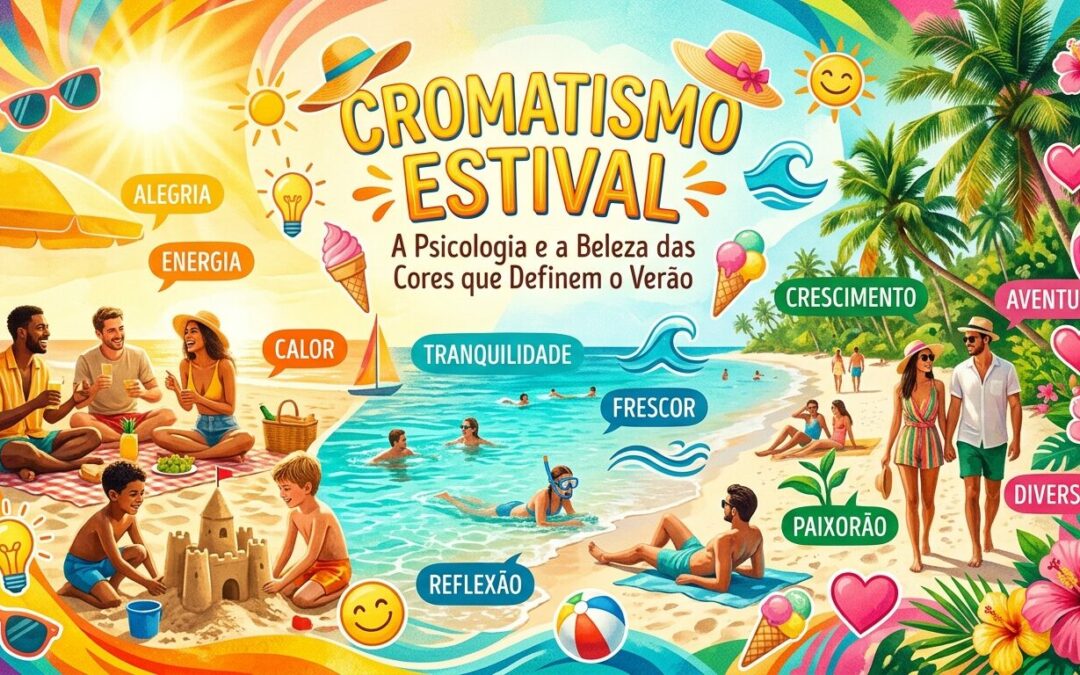 Uma ilustração vibrante em estilo colagem intitulada "Cromatismo Estival". A imagem retrata uma cena de praia ensolarada com pessoas relaxando, crianças brincando na areia e elementos típicos de verão, como sorvetes e palmeiras. Rótulos coloridos flutuam sobre a cena, ligando cores a conceitos psicológicos: o amarelo ao "Alegria", o azul à "Tranquilidade" e o rosa à "Diversão".