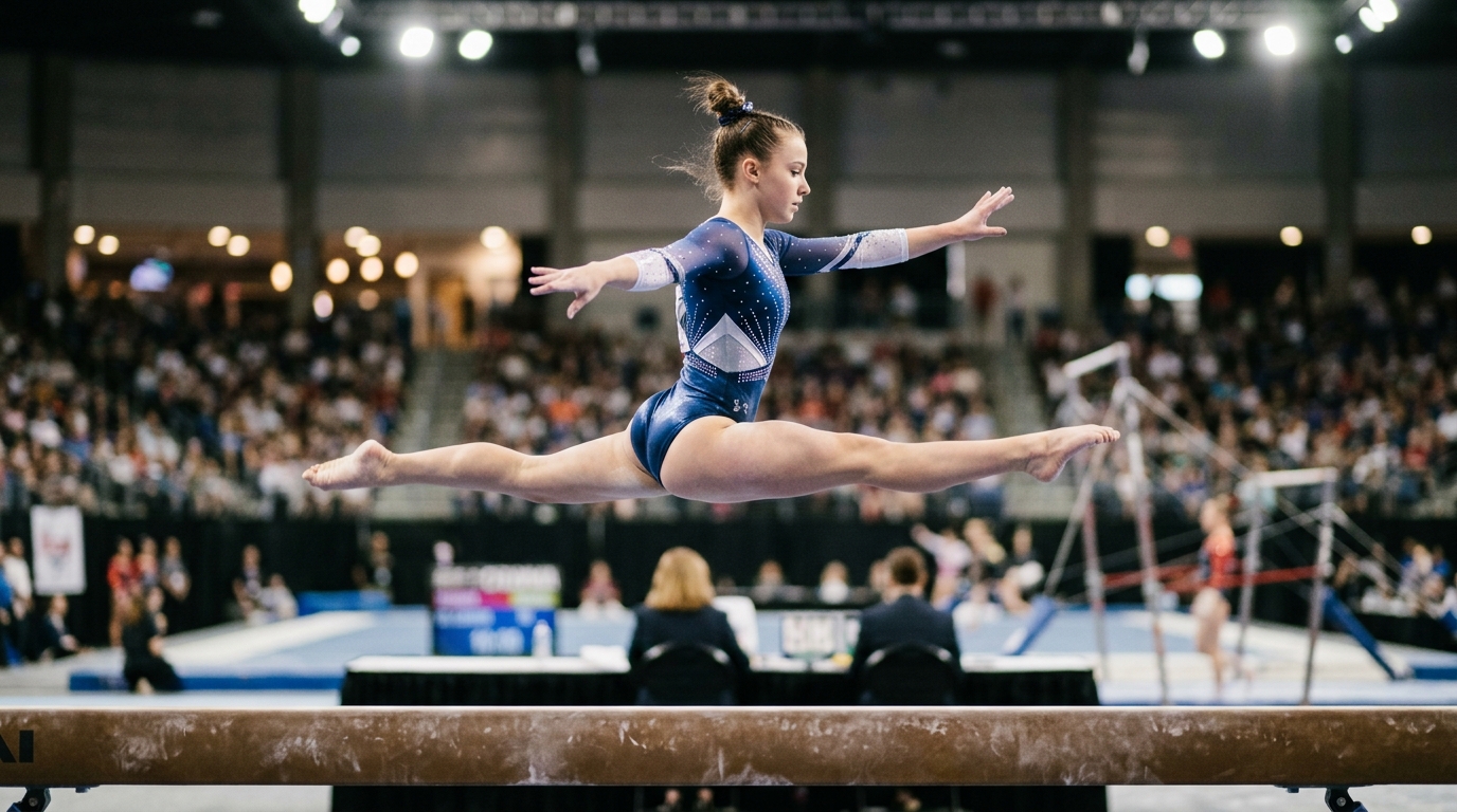Ginasta feminina a realizar um salto em espargata (split leap) no ar, posicionada acima de uma trave de equilíbrio num pavilhão de competição com público ao fundo.