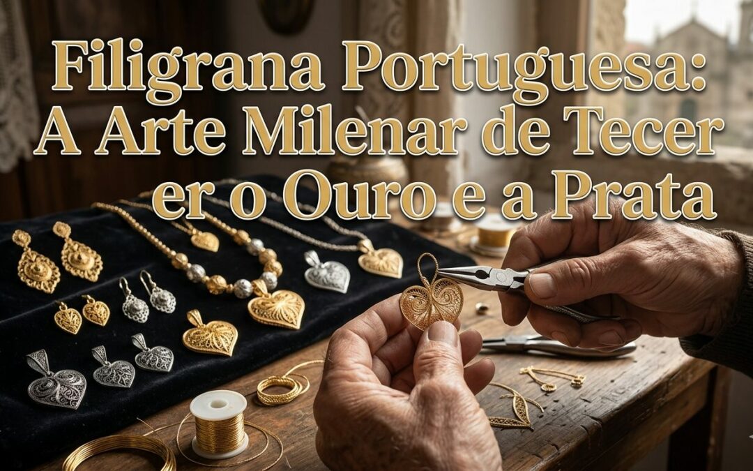 Grande plano das mãos de um artesão a moldar um Coração de Viana em filigrana de ouro com pinças, sobre uma bancada de madeira com várias joias tradicionais em ouro e prata.