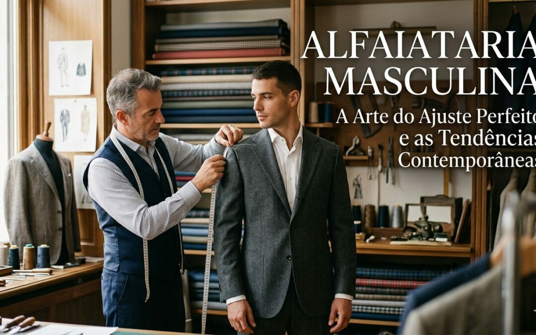 Um alfaiate profissional tirando as medidas de um homem elegante em um atelier clássico, com tecidos e ferramentas de costura ao fundo. O título "Alfaiataria Masculina" está em destaque.