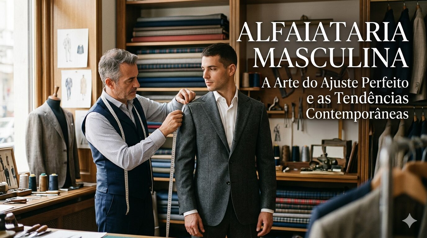 Um alfaiate profissional tirando as medidas de um homem elegante em um atelier clássico, com tecidos e ferramentas de costura ao fundo. O título "Alfaiataria Masculina" está em destaque.
