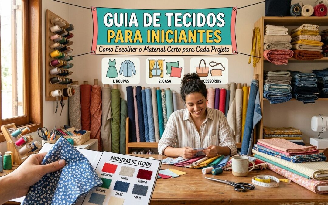 Uma imagem vibrante e organizada de um ateliê de costura. Uma mulher sorridente trabalha em uma mesa de madeira repleta de tecidos coloridos, linhas e tesouras. Ao fundo, prateleiras com rolos de tecidos de várias texturas. No topo, um banner contém o título "Guia de Tecidos para Iniciantes: Como Escolher o Material Certo para Cada Projeto". No primeiro plano, uma mão segura um catálogo de amostras identificando materiais como Tricoline, Linho e Jeans.