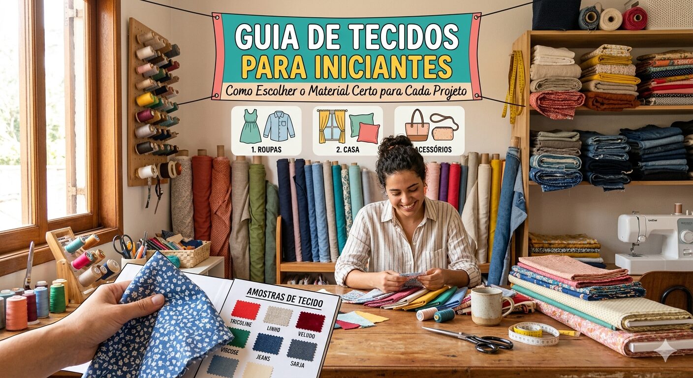 Uma imagem vibrante e organizada de um ateliê de costura. Uma mulher sorridente trabalha em uma mesa de madeira repleta de tecidos coloridos, linhas e tesouras. Ao fundo, prateleiras com rolos de tecidos de várias texturas. No topo, um banner contém o título "Guia de Tecidos para Iniciantes: Como Escolher o Material Certo para Cada Projeto". No primeiro plano, uma mão segura um catálogo de amostras identificando materiais como Tricoline, Linho e Jeans.