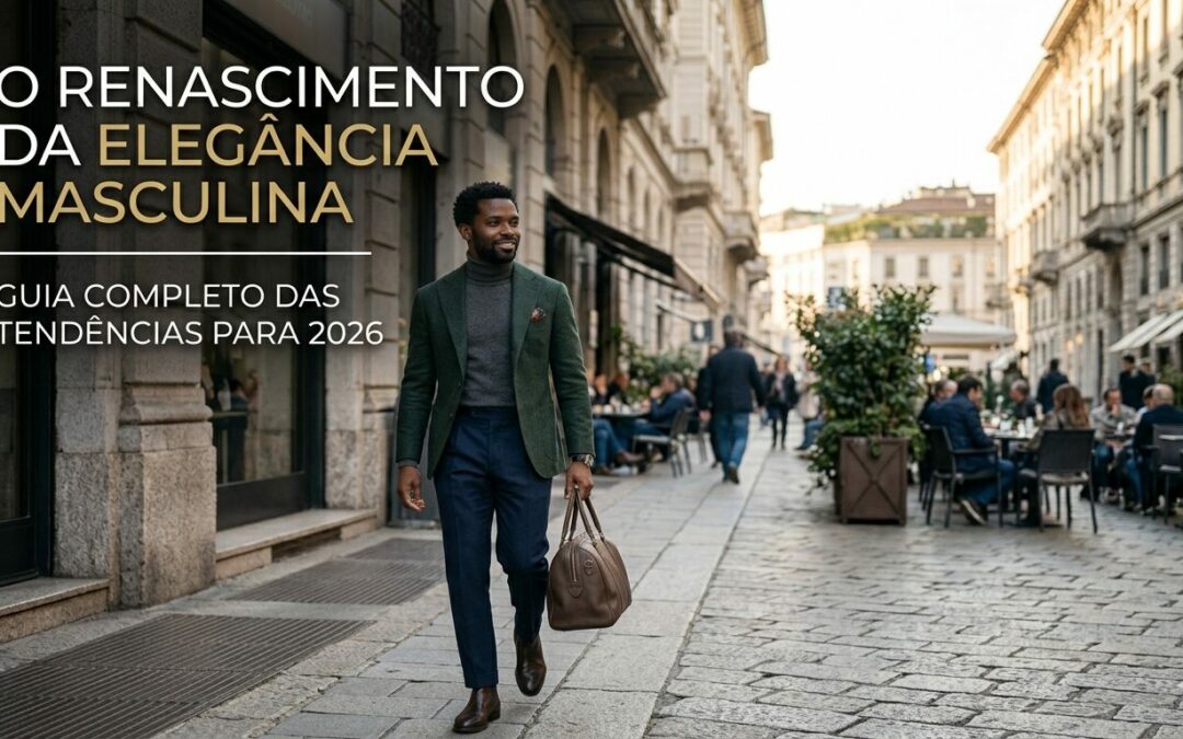 Um homem elegante caminha por uma rua europeia ensolarada. Ele veste um blazer de lã verde-escuro, calças de alfaiataria azul-marinho, gola alta cinza e carrega uma mala de couro marrom. Ao fundo, a arquitetura clássica e pessoas em cafés criam uma atmosfera sofisticada. O título 'O Renascimento da Elegância Masculina' aparece no canto superior esquerdo.