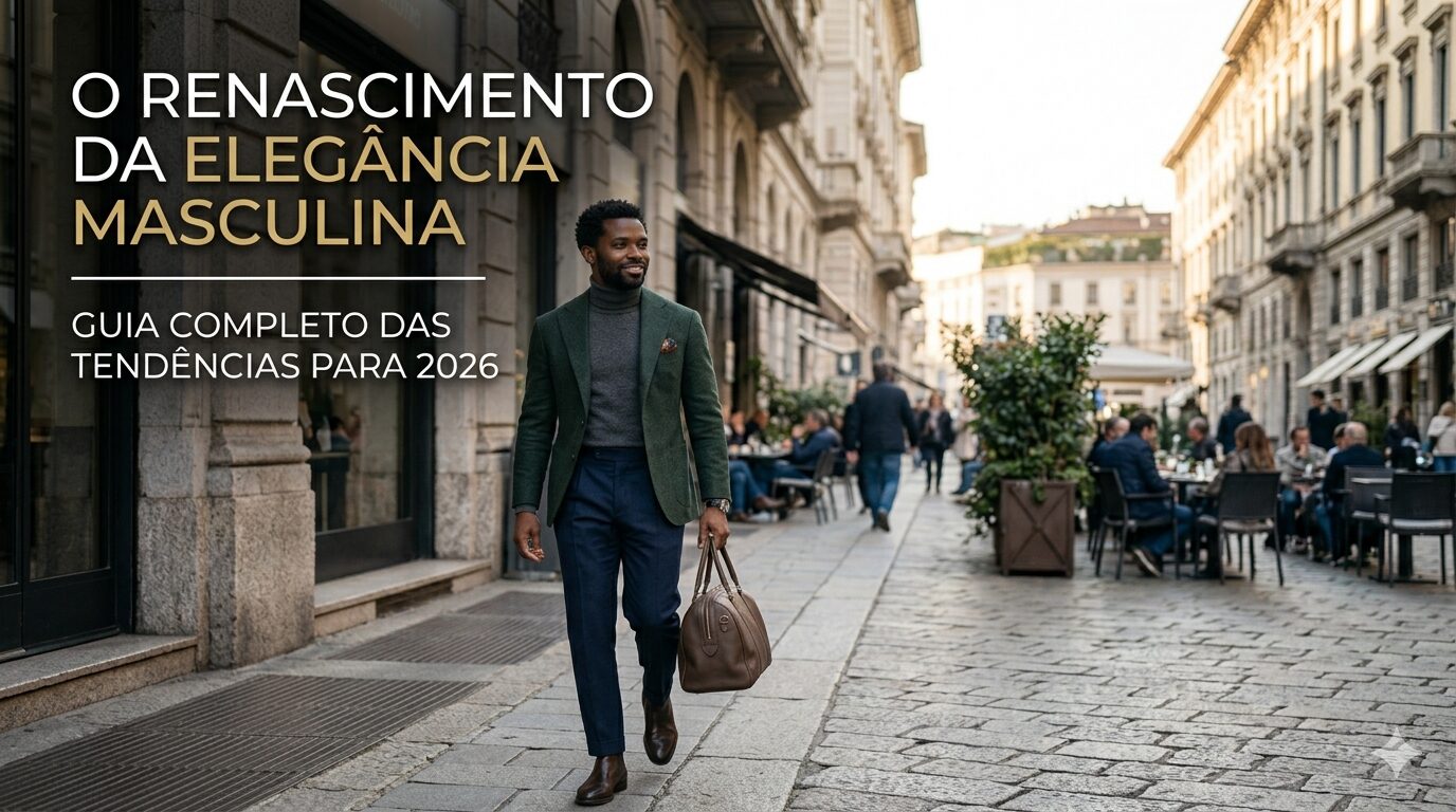 Um homem elegante caminha por uma rua europeia ensolarada. Ele veste um blazer de lã verde-escuro, calças de alfaiataria azul-marinho, gola alta cinza e carrega uma mala de couro marrom. Ao fundo, a arquitetura clássica e pessoas em cafés criam uma atmosfera sofisticada. O título 'O Renascimento da Elegância Masculina' aparece no canto superior esquerdo.