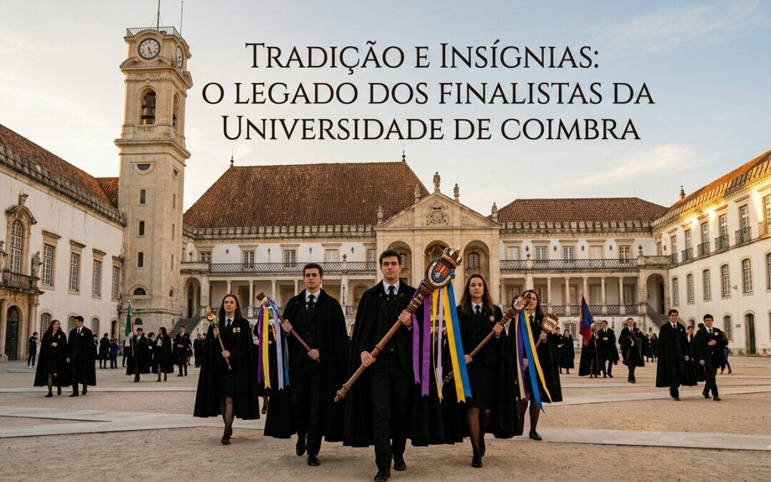 Uma fotografia panorâmica no Pátio das Escolas da Universidade de Coimbra. Um grupo de estudantes finalistas, trajados com a tradicional capa e batina, caminha solenemente segurando as insígnias cerimoniais decoradas com fitas coloridas. Ao fundo, destacam-se a histórica torre do relógio e a arquitetura clássica da universidade sob um céu de fim de tarde.