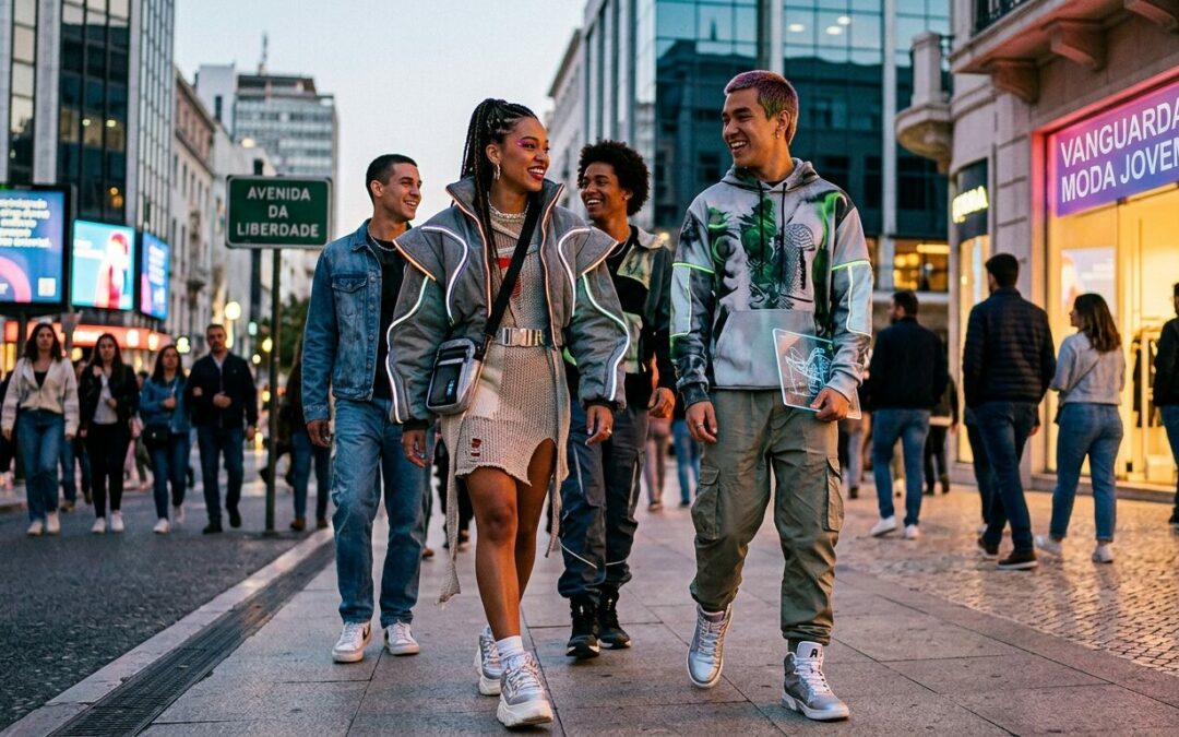 Um grupo de jovens estilosos caminhando por uma rua urbana movimentada ao entardecer. Eles vestem roupas de vanguarda com elementos futuristas, luzes neon discretas nas jaquetas e silhuetas modernas. Ao fundo, letreiros luminosos e prédios contemporâneos em uma cidade europeia.