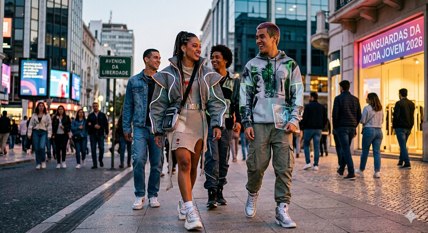 Um grupo de jovens estilosos caminhando por uma rua urbana movimentada ao entardecer. Eles vestem roupas de vanguarda com elementos futuristas, luzes neon discretas nas jaquetas e silhuetas modernas. Ao fundo, letreiros luminosos e prédios contemporâneos em uma cidade europeia.