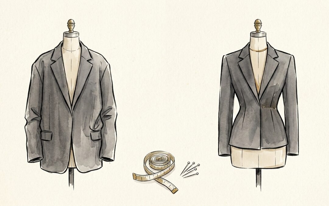 Ilustração de um blazer cinzento antes e depois de ajustado à cintura, com fita métrica e alfinetes ao centro.