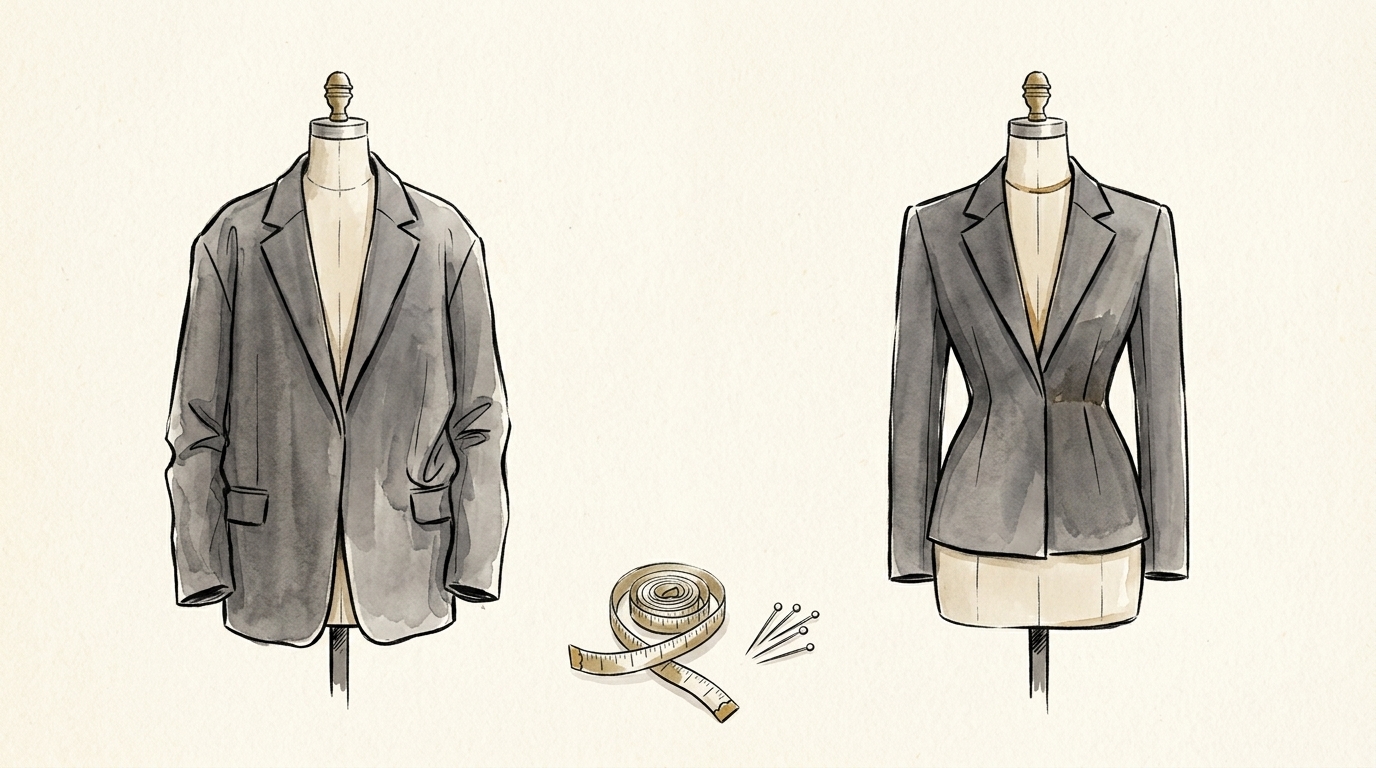 Ilustração de um blazer cinzento antes e depois de ajustado à cintura, com fita métrica e alfinetes ao centro.