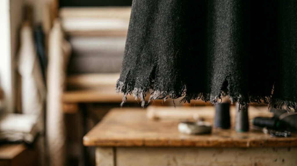 Pormenor do bordo inferior de uma capa académica preta com rasgões
tradicionais, sobre uma bancada de madeira de um atelier de costura
com carretel de linha e ferramentas ao fundo.