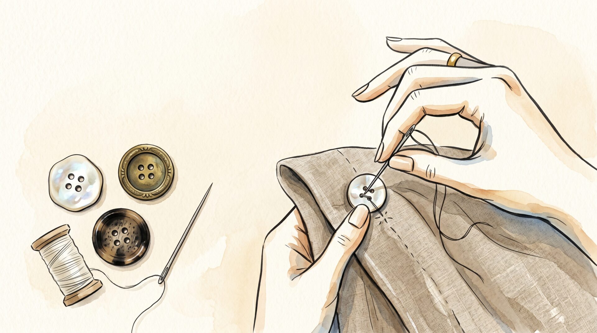 Editorial_illustration,_close-up_of_a_202605271154 Ilustração de uma mão a coser um botão de madrepérola num tecido, ao lado de botões em metal e chifre.