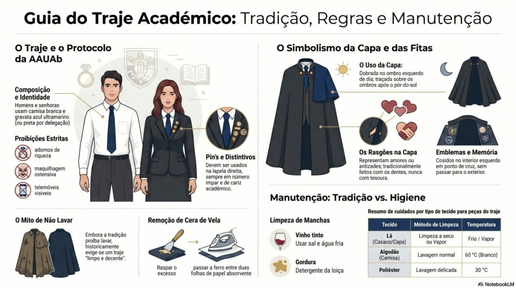 Infografia "Guia do Traje Académico: Tradição, Regras e Manutenção"
com ilustrações do traje masculino e feminino, regras de uso da capa
e batina, o simbolismo dos rasgões e emblemas, e uma tabela de cuidados
de limpeza por tipo de tecido (lã, algodão e poliéster).