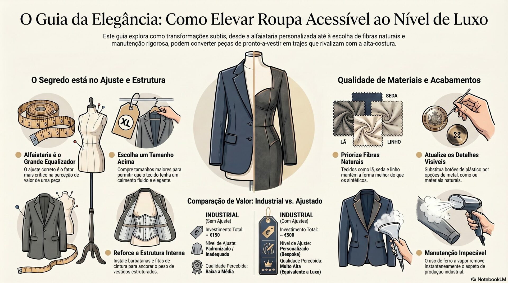O_Guia_da_Elegância Infográfico com 5 dicas para elevar o estilo: ajuste de alfaiataria, troca de botões, uso de fibras naturais, paleta monocromática e manutenção com vapor e remoção de borbotos