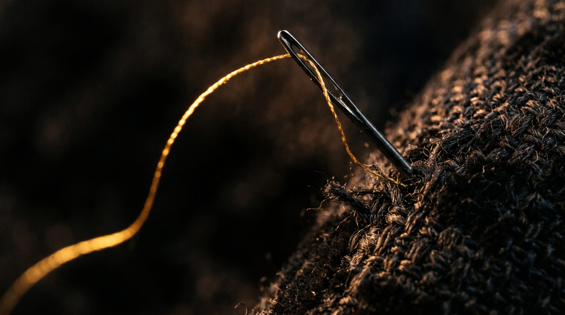 Macro de uma agulha a atravessar tecido, com uma linha dourada iluminada sobre fundo escuro.