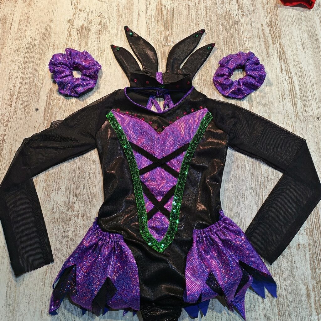 Pormenor do fato de patinagem artística Mil Agulhas: corpete em roxo holográfico com entrelaçado preto, gola alta e acessórios a condizer.
