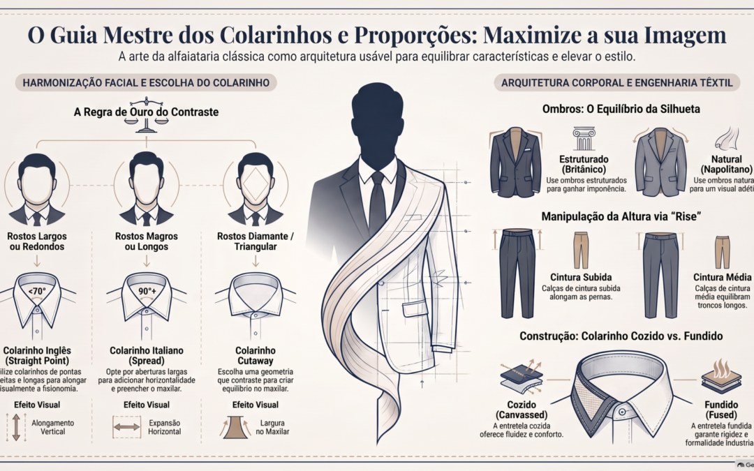 Placard preto de exposição em loja de camisaria com desenhos técnicos em linha branca de quatro tipos de colarinho masculino: Italiano, Spread, Point e Camden, detalhando as suas descrições de abertura e proporções.
