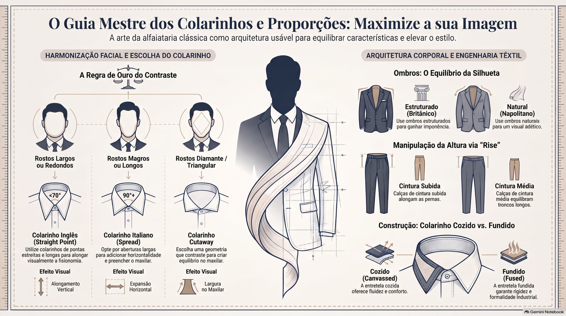 Placard preto de exposição em loja de camisaria com desenhos técnicos em linha branca de quatro tipos de colarinho masculino: Italiano, Spread, Point e Camden, detalhando as suas descrições de abertura e proporções.
