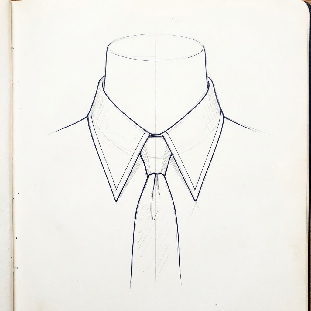 Desenho técnico de alfaiataria clássica em arte linear azul-escuro sobre fundo branco representando um colarinho inglês (Forward Point) com pontas longas, estreitas e próximas que apontam para baixo, perfeitamente ajustado com um nó de gravata estreito Four-in-Hand.