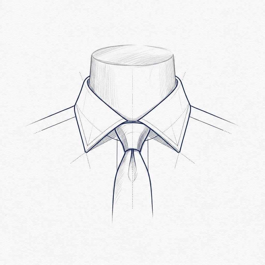 Desenho técnico de alfaiataria clássica em arte linear azul-escuro sobre fundo branco representando um colarinho italiano (Spread Collar) com abertura angular ampla e pontas curtas direcionadas para os ombros, emoldurando um nó de gravata simétrico Half-Windsor.
