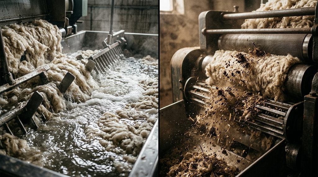 Imagem dividida ao meio mostrando do lado esquerdo a lavagem industrial da lã em água quente e sabão, e do lado direito os rolos de uma máquina a esmagar e remover resíduos vegetais secos da fibra.